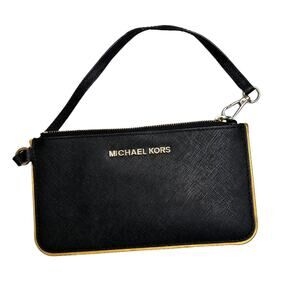 MICHAEL Kors Jet Set Black Gold Wristlet Clutch Evening Handbag EUC